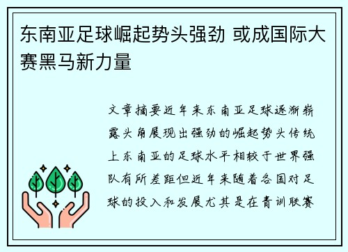 东南亚足球崛起势头强劲 或成国际大赛黑马新力量